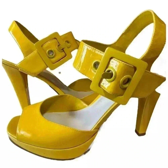 Vintage NINE WEST NW Front Time neon yellow strappy buckle platform size 8 - Picture 3 of 15